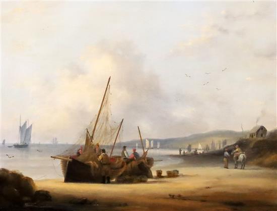 Attributed to Robert Strickland Thomas (1787-1853) A warship off the coast and Fishing boats on the beach at low tide, 10.5 x 13.5in.